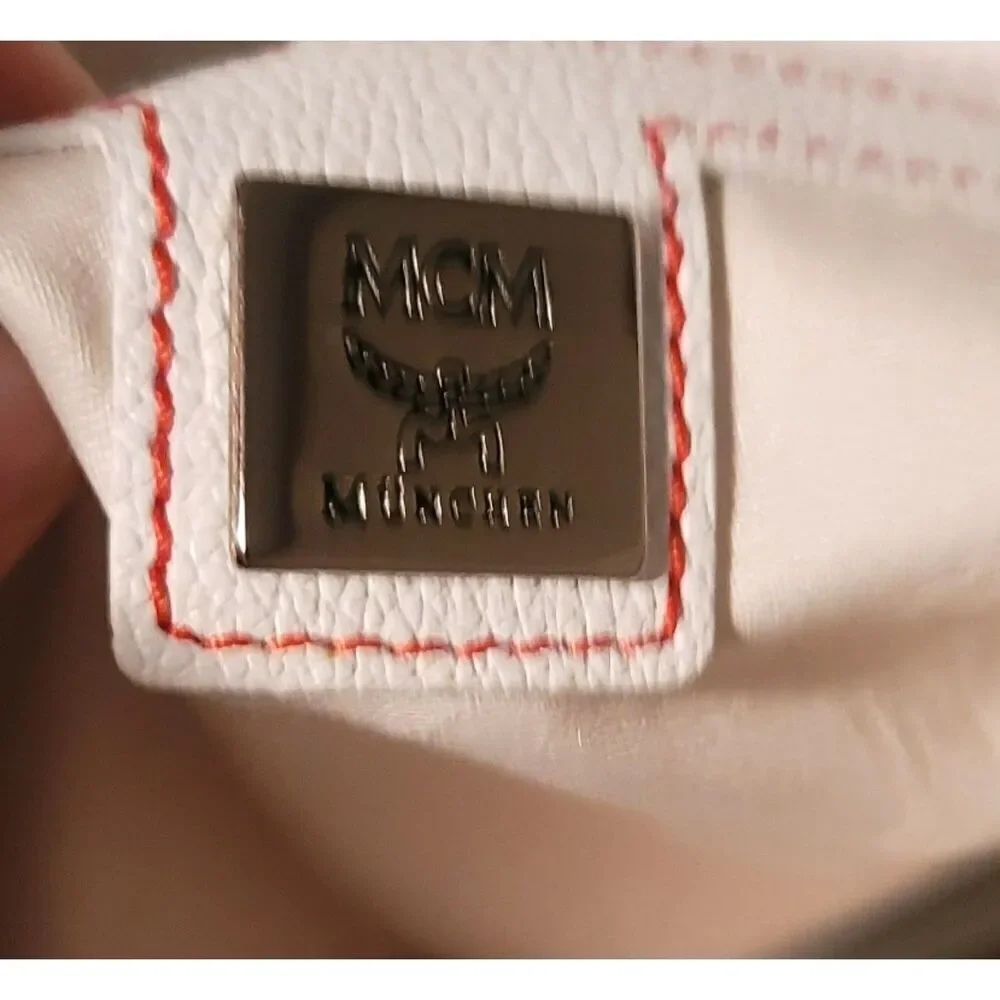 MCM White Leather Shoulder Bag with Red Stitching